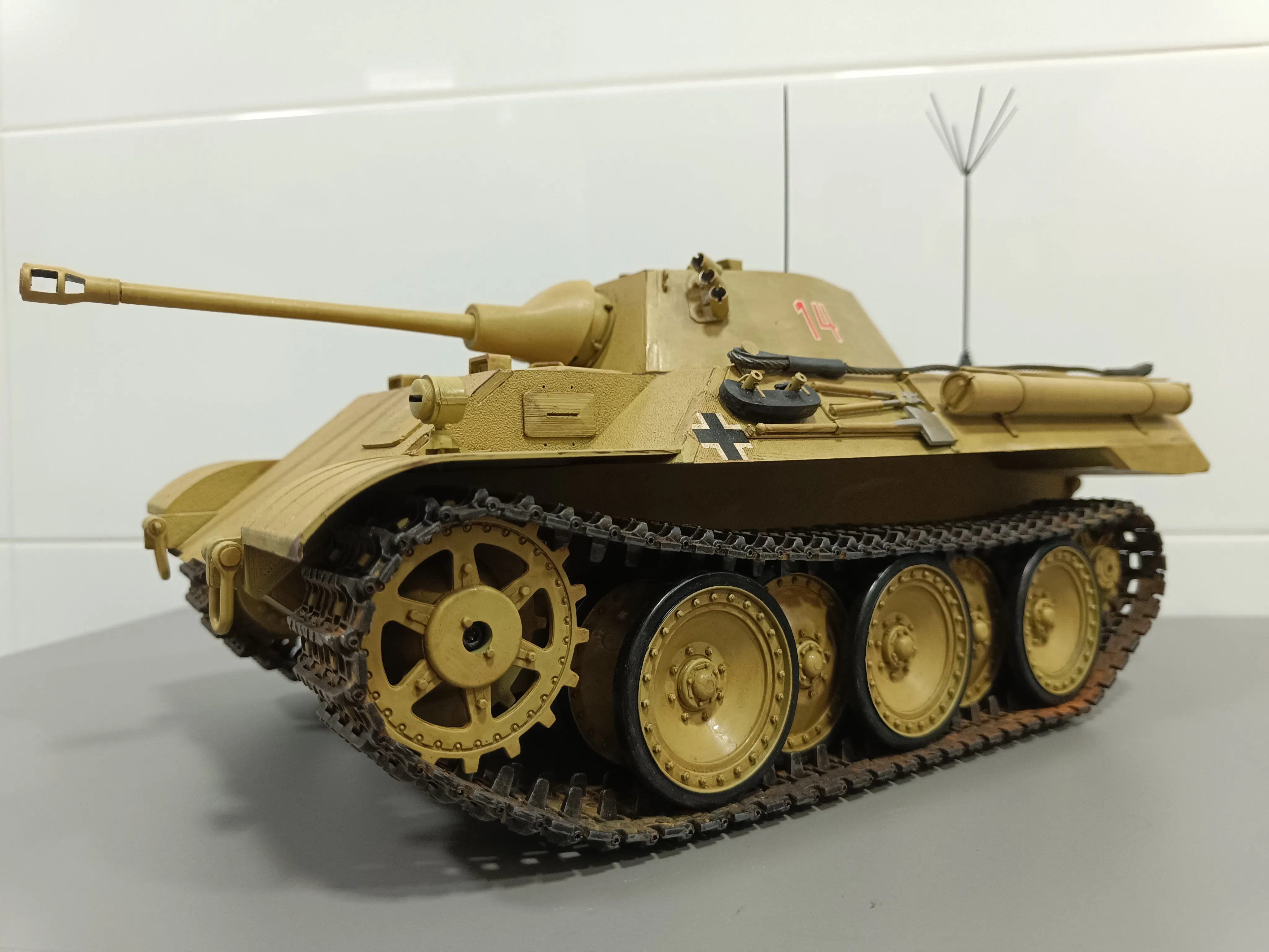 VK 16.02 RC model in dunkelgelb with turret number 14 — left front three-quarter view